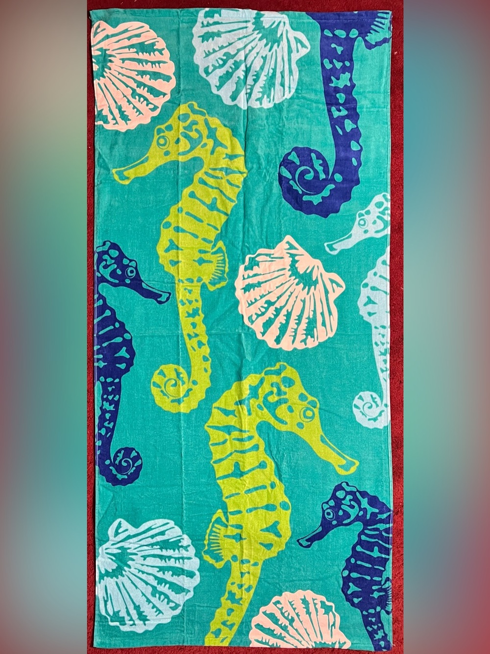 Teal Seahorse and Scallop Seashells Beach Towel